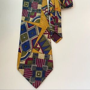 Vintage Barbara Blank Silk Geometric Tie Gold, Blue, Gray + Burgundy